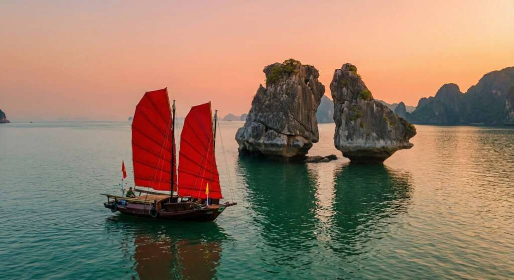 traditional red sailboats ha long